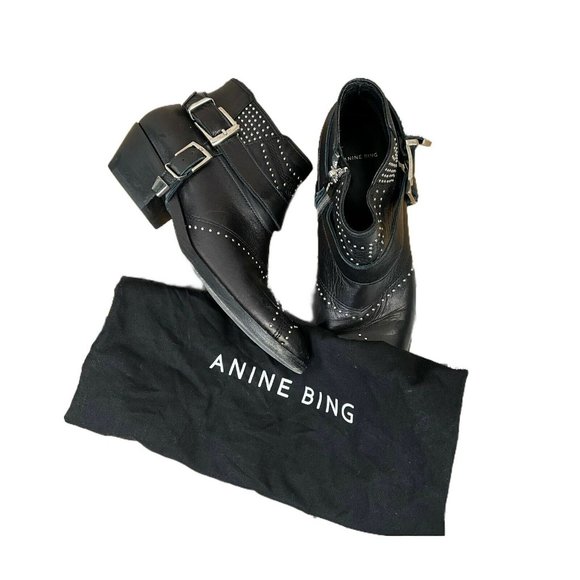 Anine Bing Bianca Leather Studded Accents Ankle Boots Black 6 36 Buckle Harness - Picture 8 of 12